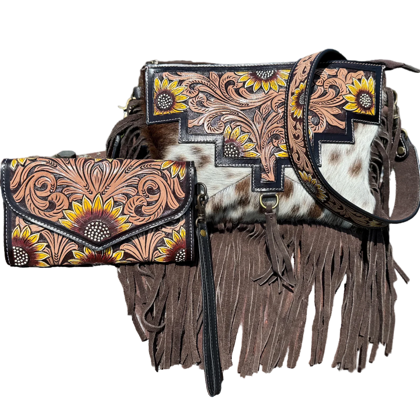 Genuine Western Cowhide Leather Crossbody Purse and Clutch with Dark Sunflower painted.